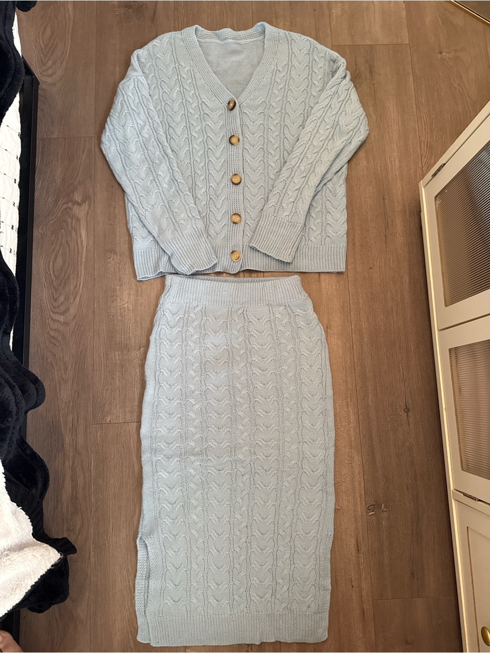 Light Blue Cable-Knit Midi Skirt and Sweater